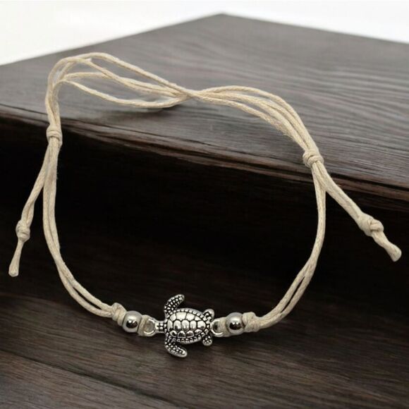 Turtle Anklet 3D Charm Adjustable Length Corded Ankle Bracelet Women's Jewelry - Picture 1 of 3
